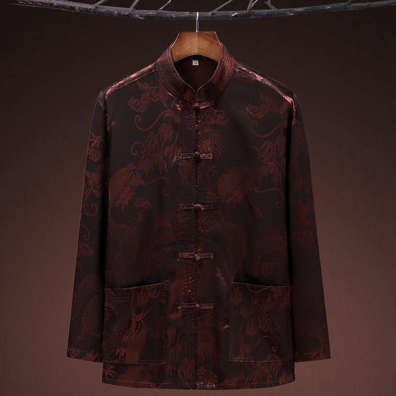 カンフー-男性用の服を着た中国のドラゴンパターン,漢服漢服漢服カンカンフー,ポケット付き
