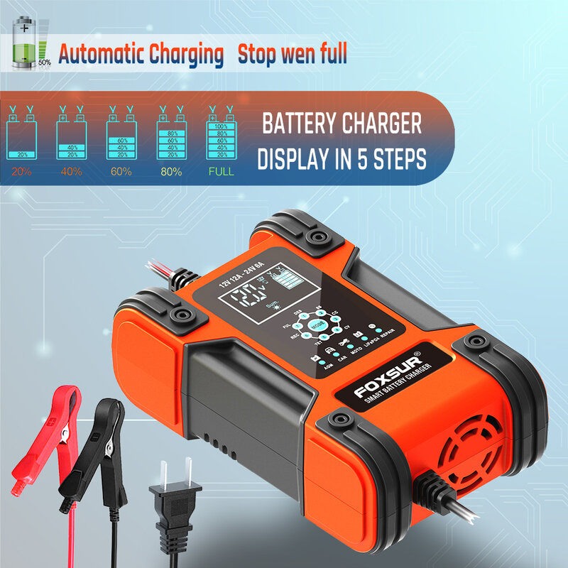 FOXSUR Smart Car Battery Charger 12V 24V 12A Automotive Motorcycle Boat LiFePO4 AGM GEL Lithium Lead Acid Fast Repair Desulfator