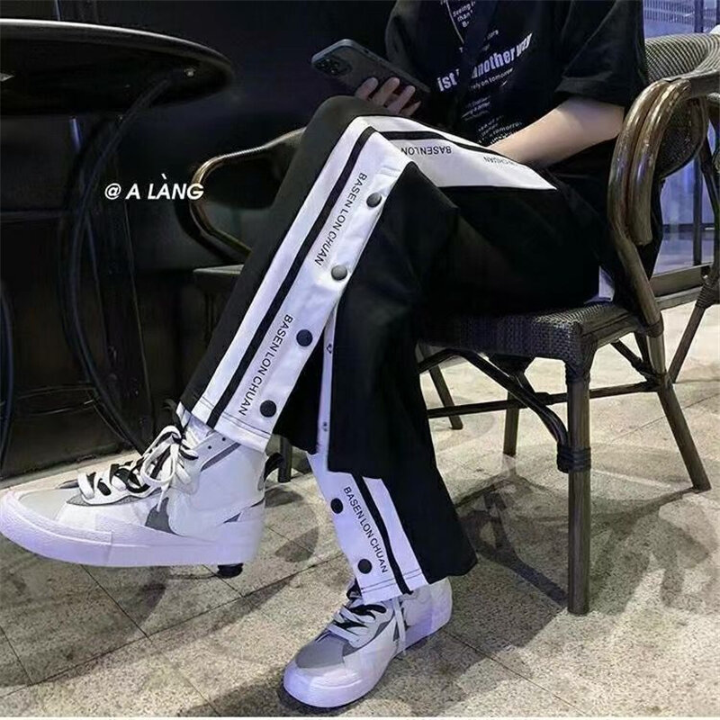 Damskie w paski jednorzędowe Harajuku Streetwear spodnie Y2K casualowe z wysokim stanem proste szerokie spodnie z rozporkiem pantalony
