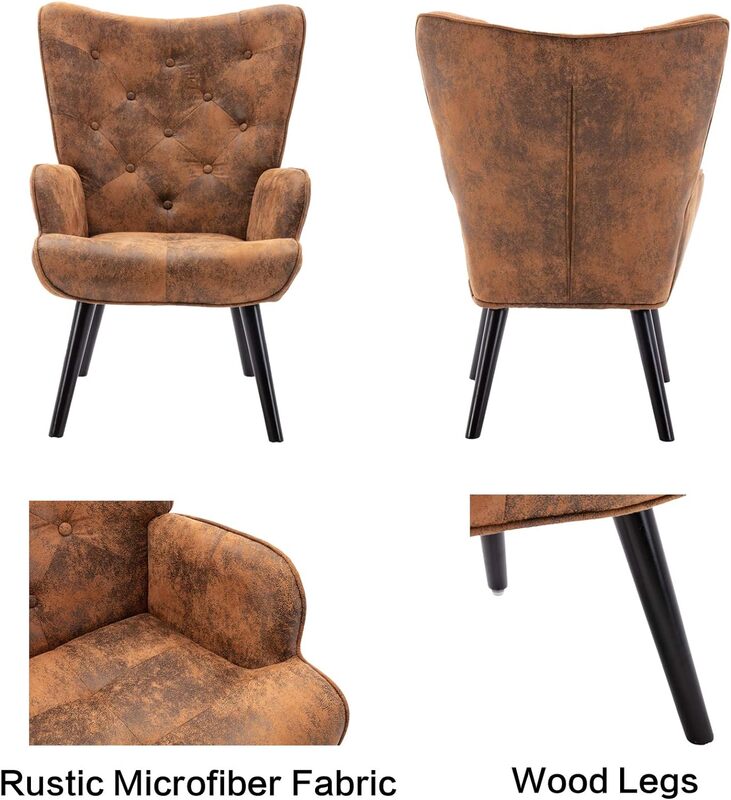 Dolonm microfibra almofada cadeira rústica sotaque cadeira vintage Wingback cadeira meados do século alto volta com braços, madeira maciça pernas