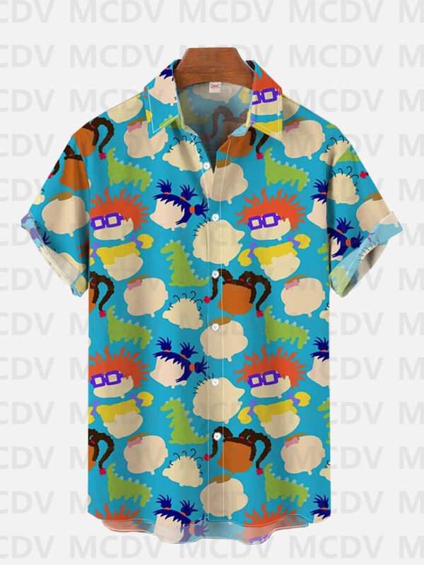 Camisa de manga corta con estampado 3D para hombre, camisas hawaianas con formas geométricas y patrón de gatito