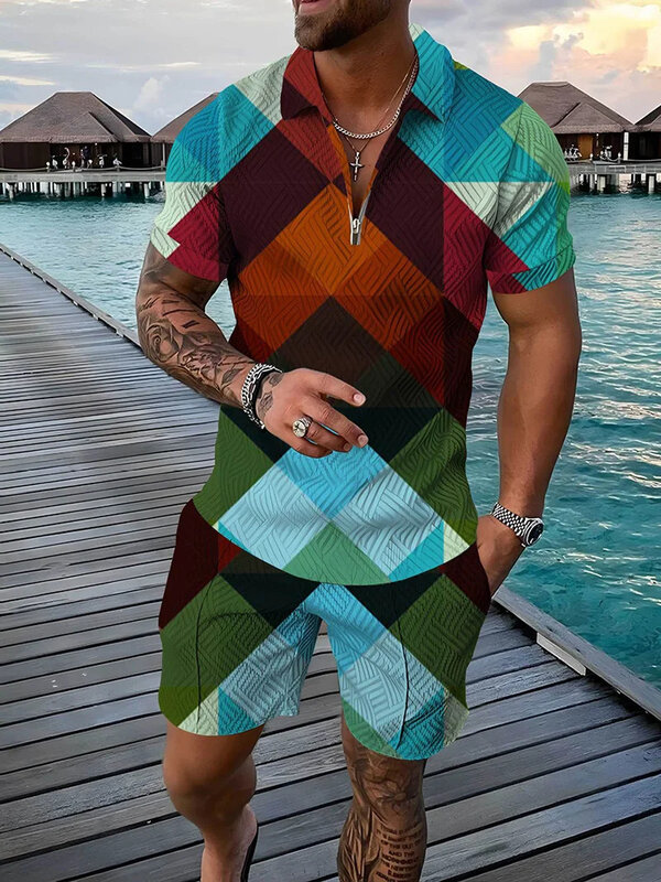 Patches coloridos para homens 3D impressão Casual Zipper Camisa Polo e Shorts Set, agasalho extragrande, moda verão, 2pcs conjuntos