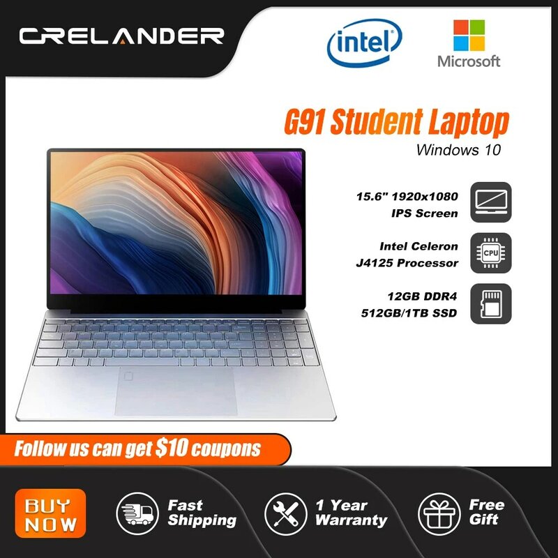 CRELANDER Laptop 15.6 pollici 12GB RAM 128GB/256GB/512GB/1TB SSD Intel J4125 Windows 10 Notebook Computer Pc portatile