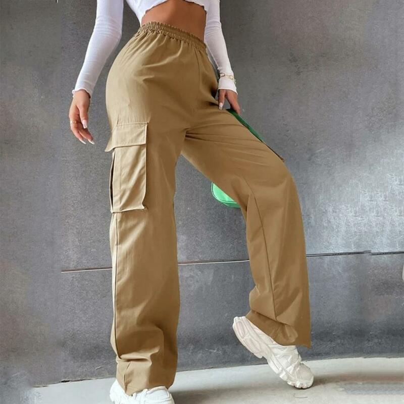 Damskie miękkie spodnie w koreańskim stylu moda uliczna spodnie Cargo z z rozciągliwą talią, szeroka nogawkami w jednolitym kolorze z kieszeniami na co dzień