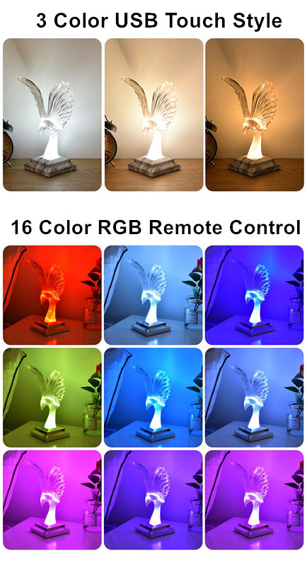 20Pcs 3/16 Colors Led Acrylic Bird Night Light Table Lamp Touch USB Rechargeable RGB Remote Control Desktop Atmosphere Decor