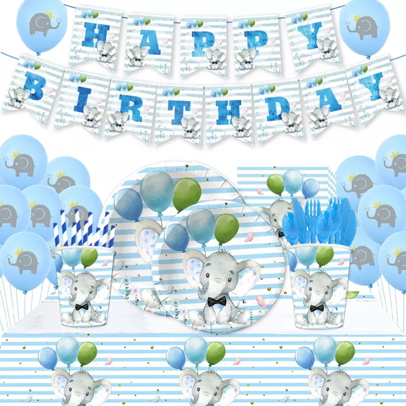 Vajilla desechable con temática de elefante azul, juego de decoración de fiesta de cumpleaños, platos de papel, servilletas, suministros para el Día de los niños