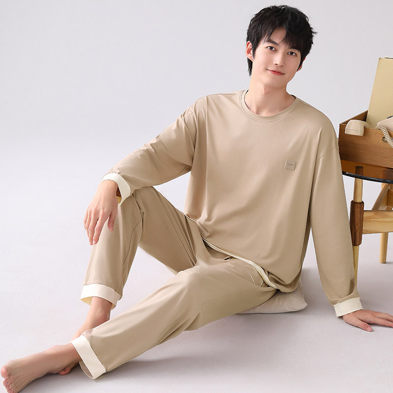 Пижама мужская хлопковая с круглым вырезом, одежда для сна, простой модный пижамный комплект с длинными рукавами, свободная Пижама, весна-осень