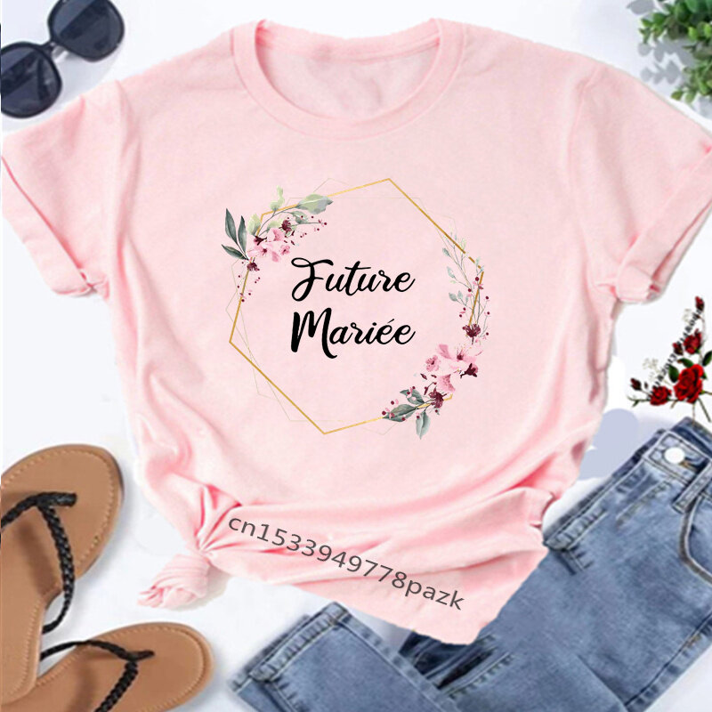 Team De La Mariee 꽃무늬 레터 프린트 티셔츠, 처녀 파티 티셔츠, 웨딩 파티, EVJF 핑크 반팔 티셔츠, 소녀