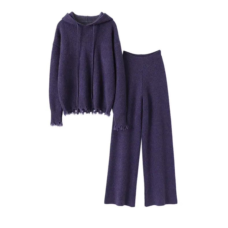 Malha de duas peças conjunto feminino design novo cashmere topo com hoood + elástico cintura larga perna calças soltas terno feminino