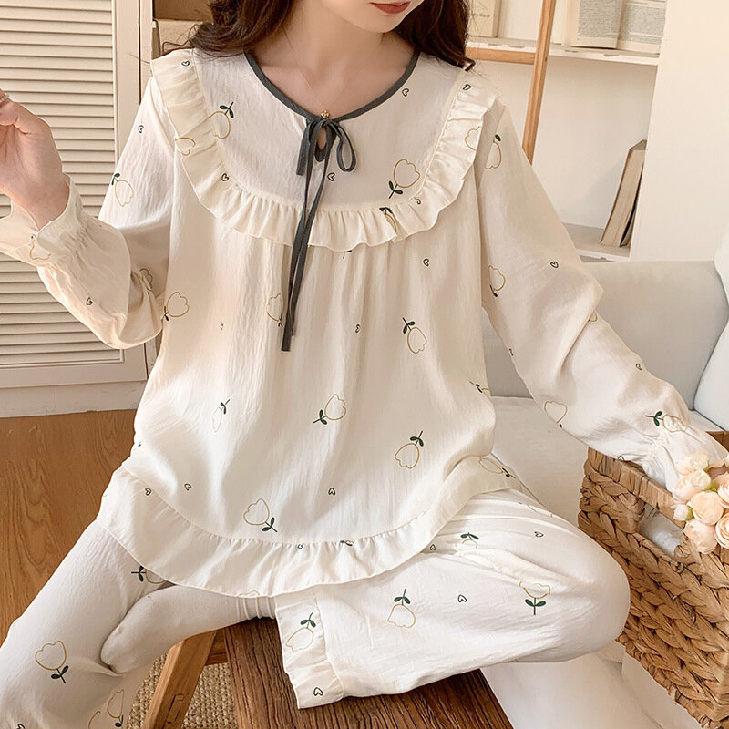 Conjunto de pijama doce coreano feminino, conjuntos de calças de manga comprida estampadas, terno casual de algodão, pijamas femininos, primavera, outono, novo