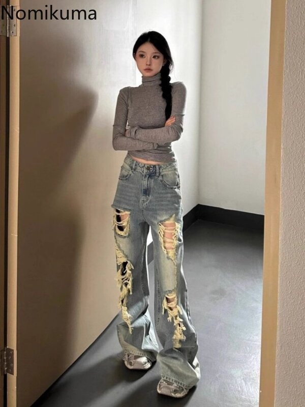 Harajuku porwane jeansy kobiety Vintage wysoki stan prosta szeroka nogawki spodnie moda spodnie typu Casual Streetwear lato Pantalon Femme