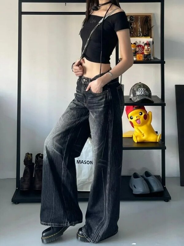 HOUZHOU-Calças jeans largas grunge femininas, jeans vintage de grandes dimensões, calças High Street, gótico Gyaru 2000s Acubi Fashion, Y2k, grunge