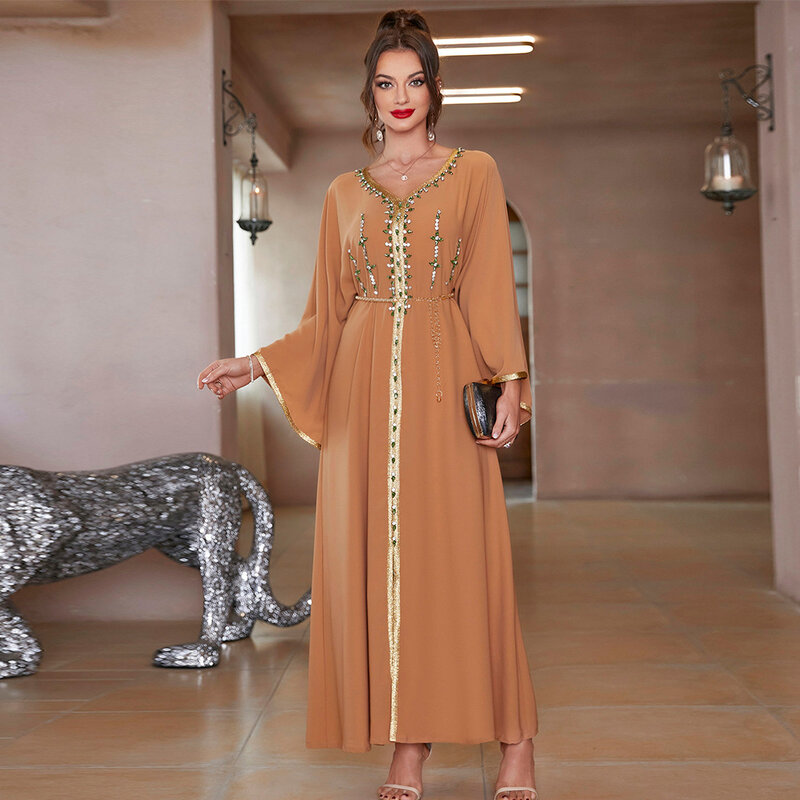 Eid Dubai Abaya gaun mewah baru untuk wanita mode Rhinestones jubah Kaftatn Muslim pesta Maroko Islam Turki pakaian Afrika