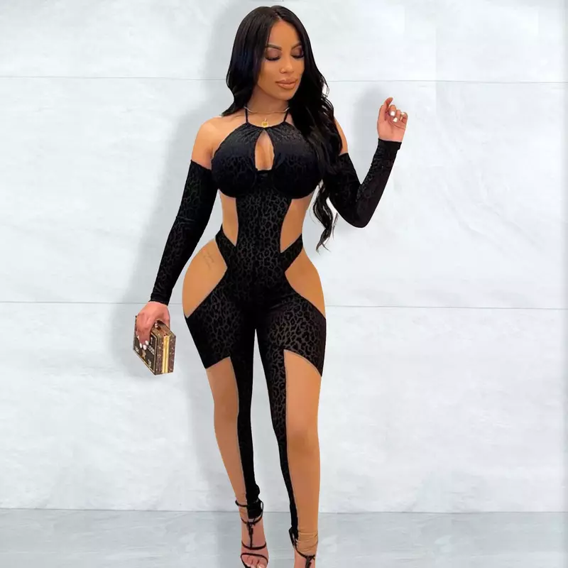 Spring and Summer Women Fashion Sexy Off Shoulder Mesh Perspective Leopard Tight Nightclub Long Jumpsuit