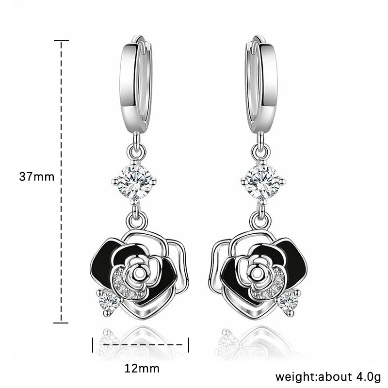 ALIZERO 925 Sterling Silver Black Rose Earrings For Women Jewelry Wedding Engagement Party Lady Zircon Flower Drop Earring