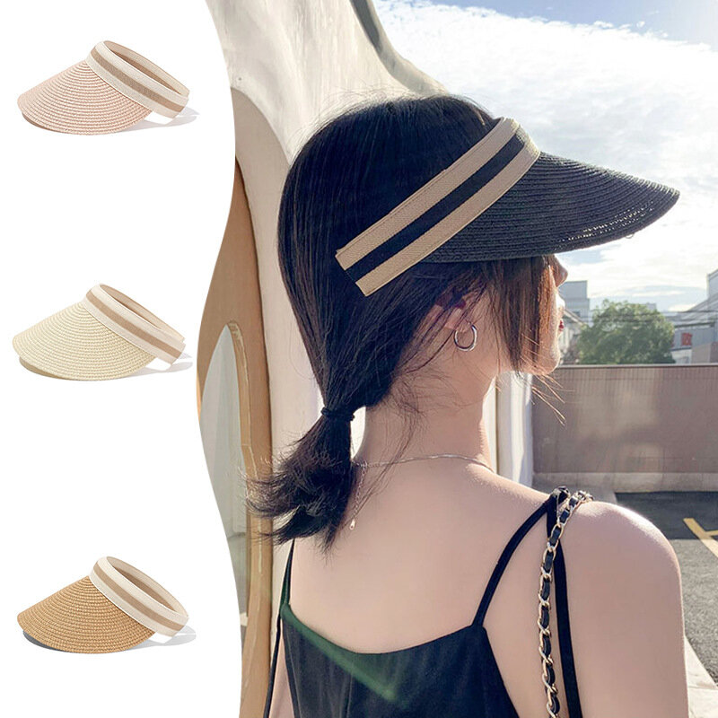 Women Summer Hat Outdoor Sun Protective Ponytail Straw Hat Face Transparent Visor Cap Handmade Natural Spring Sun Visor