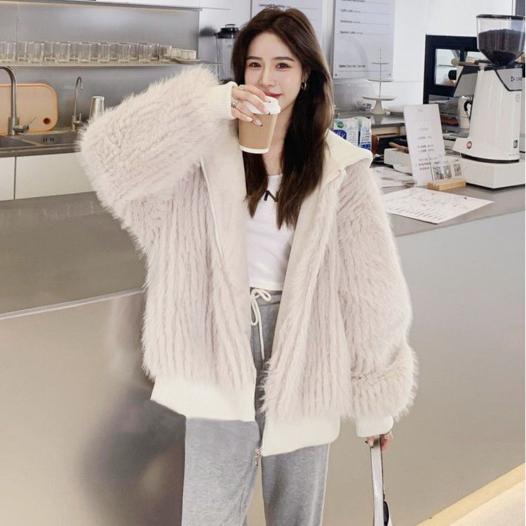 Autunno inverno allentato Casual peloso Shaggy morbido caldo cappotto di pelliccia sintetica donna con cappuccio manica lunga cerniera moda coreana