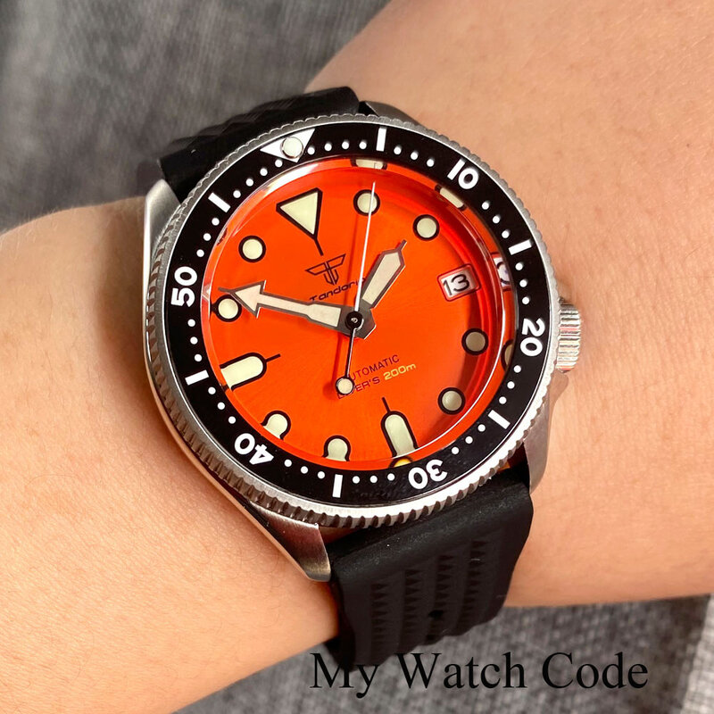 SKX013 Mod 200M 방수 스틸 기계식 시계, 남성 선버스트 오렌지 다이버 손목 시계, 37mm 레이디 시계 와플 밴드 3.8 크라운