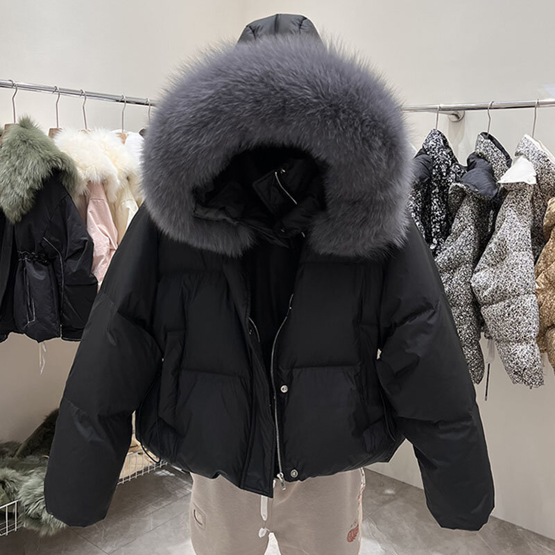 Mantel panjang wanita, pakaian luar wanita Korea longgar pendek musim dingin 2023 hangat kerah bulu rubah besar bertudung dengan 90%