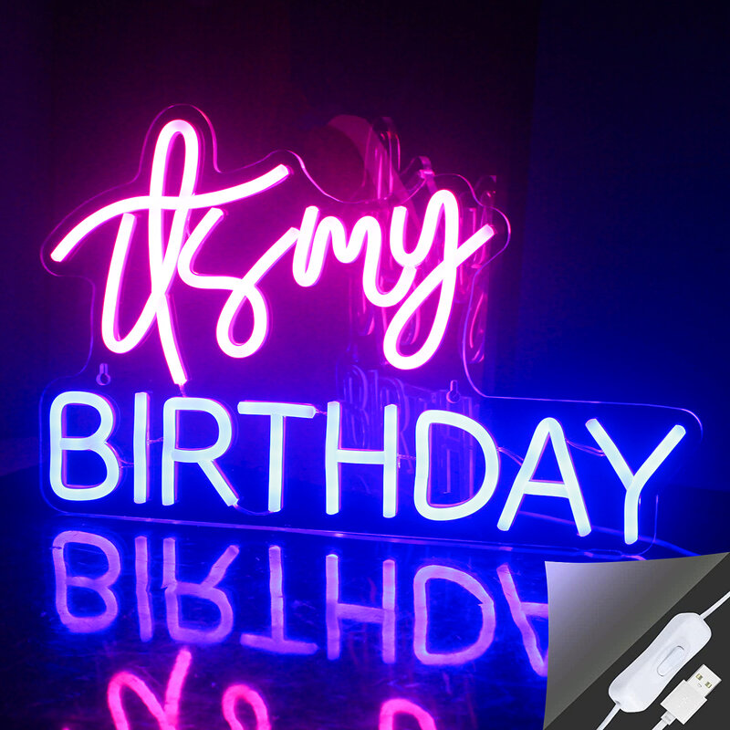 Letrero de neón de feliz cumpleaños para decoración de fiesta, luz colgante de letras USB, lámpara de pared de arte LED, bonito artículo de regalo