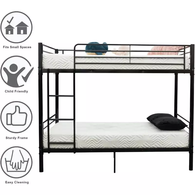 어린이 침대 프레임, 평평한 사다리 및 높은 난간, 계단이 있는 금속 벙크, 어린이 침대 프레임