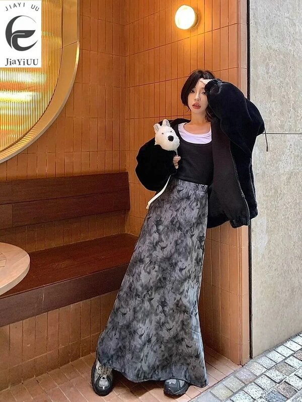 Новинка весна-осень 2024, юбка в стиле ретро с чернилами, Женская облегающая юбка А-силуэта с эластичным поясом, юбка средней длины с широкой юбкой