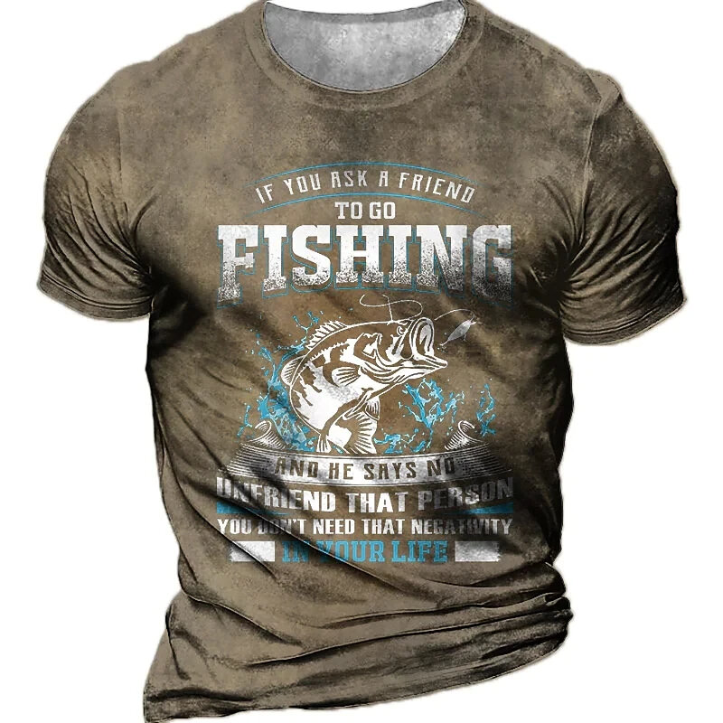 Camiseta masculina de pesca estampada em 3D, blusa esportiva ao ar livre, pescoço em O extra grande, moda lazer, retrô, verão, nova