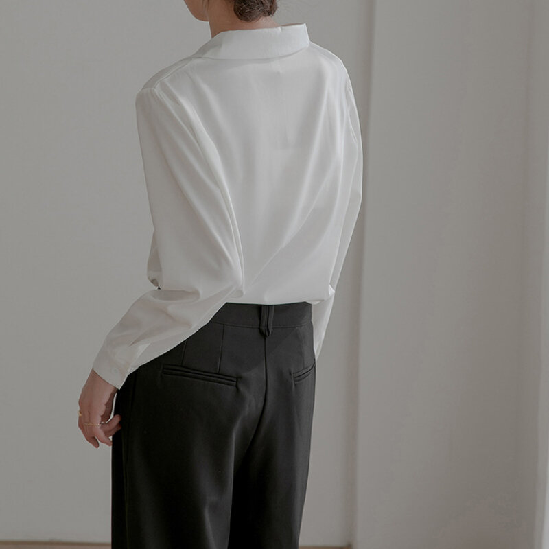 Koszule damskie z dekoltem w serek z długim rękawem luźny prosta w jednolitym kolorze szyfon francuski styl elegancki biurowa, damska temperament dojeżdżający do pracy minimalistyczny szyk
