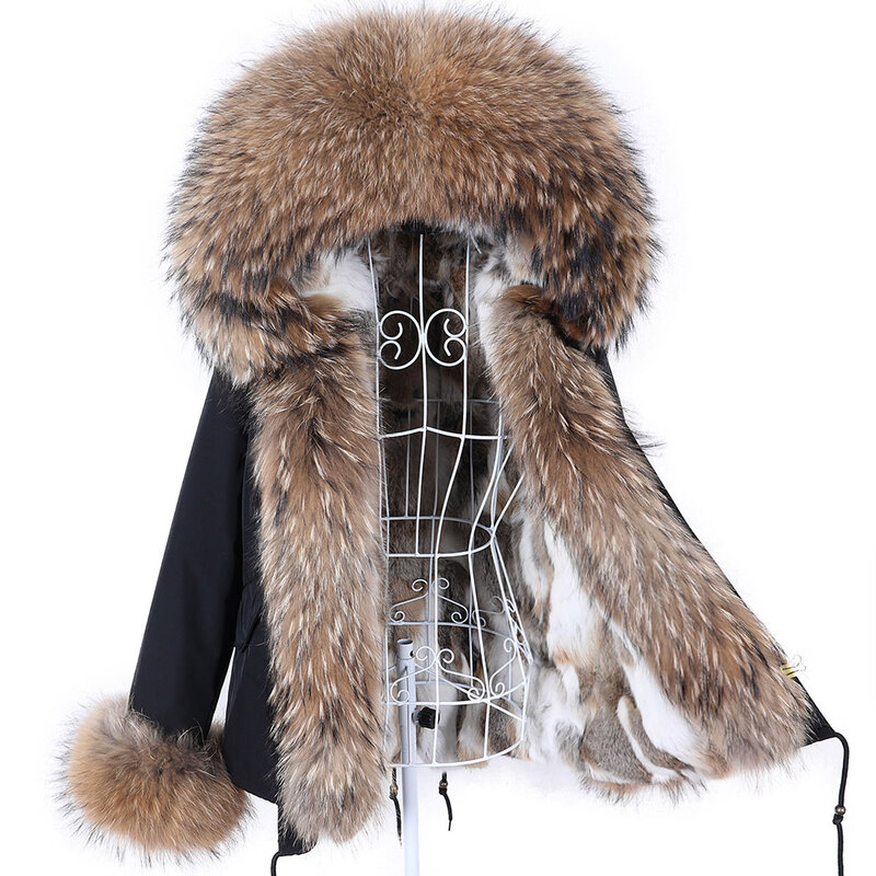 Maomaokong inverno mulheres parka casaco de pele real casaco de pele de raposa natural com capuz pele de coelho forro grosso quente outerwear feminino