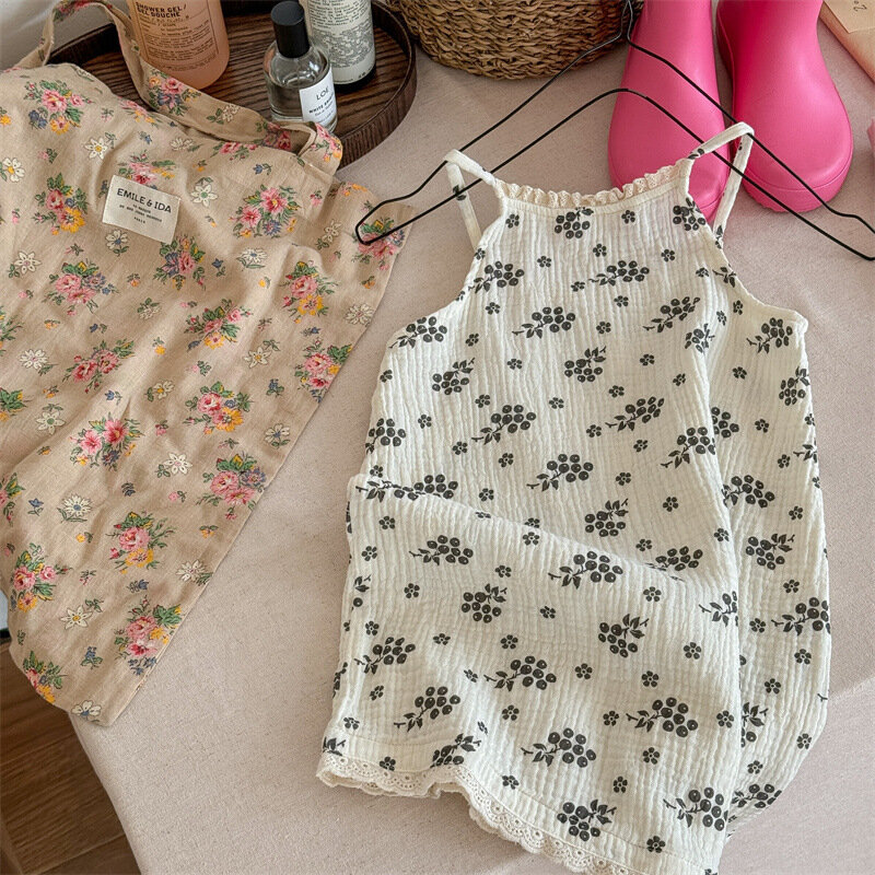 Gaun selempang tanpa lengan anak perempuan, Gaun kasual katun kasual motif bunga untuk anak perempuan bayi gaun liburan 2024