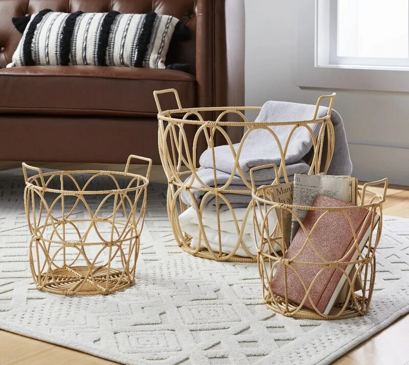 Large Poly Rattan Open Weave Storage Basket with Handles