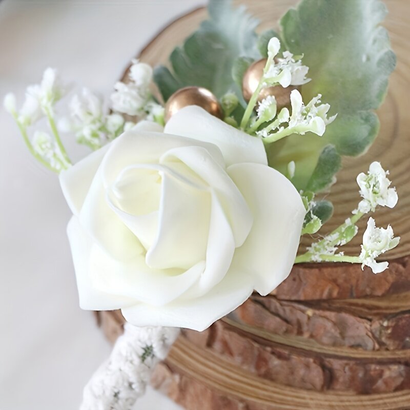 1/6 buah, putih susu Vintage pernikahan pengantin dan pengantin pria korsase, pengiring pengantin mawar pergelangan tangan bunga, Prom Corsage bunga