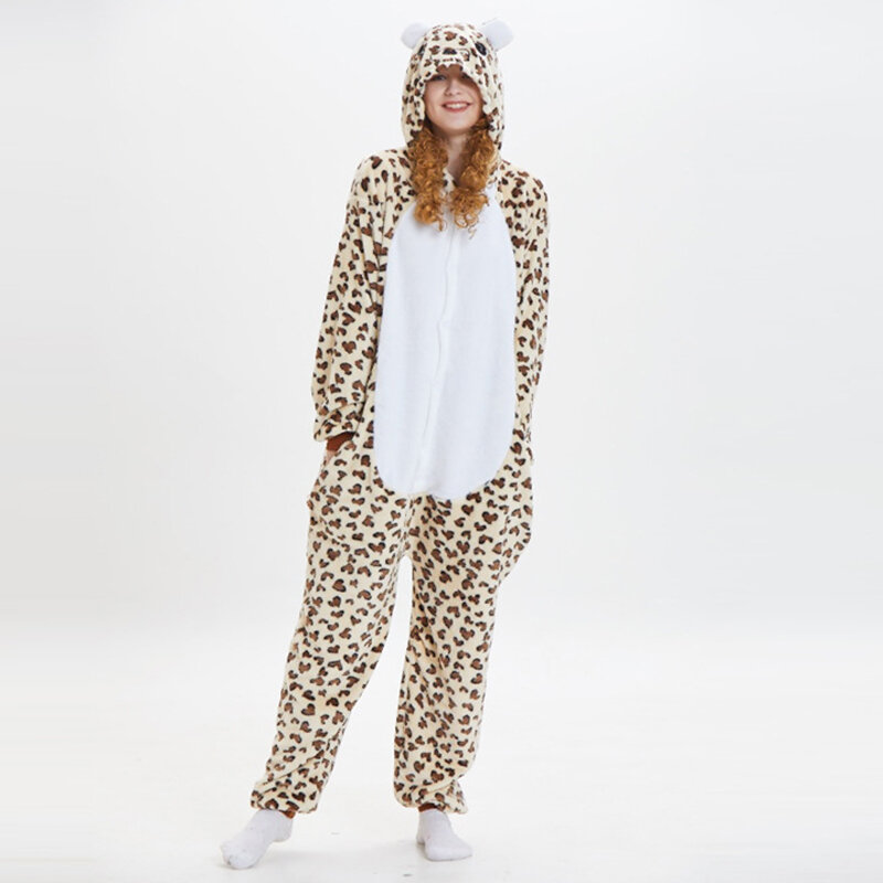 Cute Kids Flannel Cartoon Leopard Bear Onesie Cosplay Costume One-piece Pajamas Winter Warm Long-sleeved Hooded Unisex Sleepwear