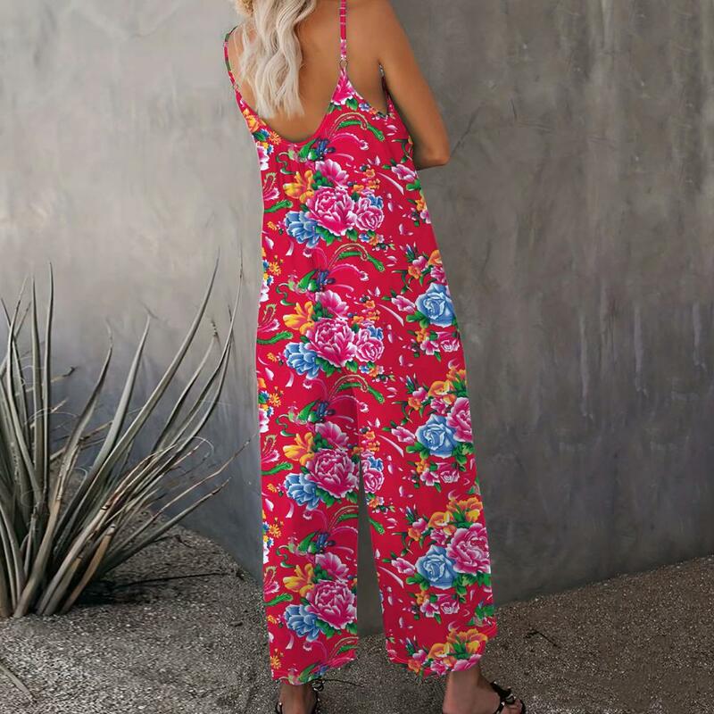 Loose Jumpsuit Elegant Floral Print V Neck Jumpsuit with Wide Leg Side Pockets Chinese Northeast Style Lady for Vacation