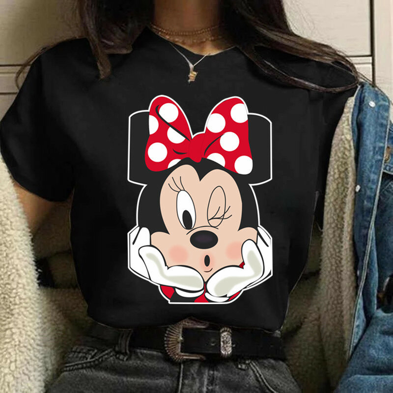 Camiseta de Disney de Mickey y Minnie Mouse para mujer, Tops de manga corta, camisetas Kawaii informales, ropa de verano