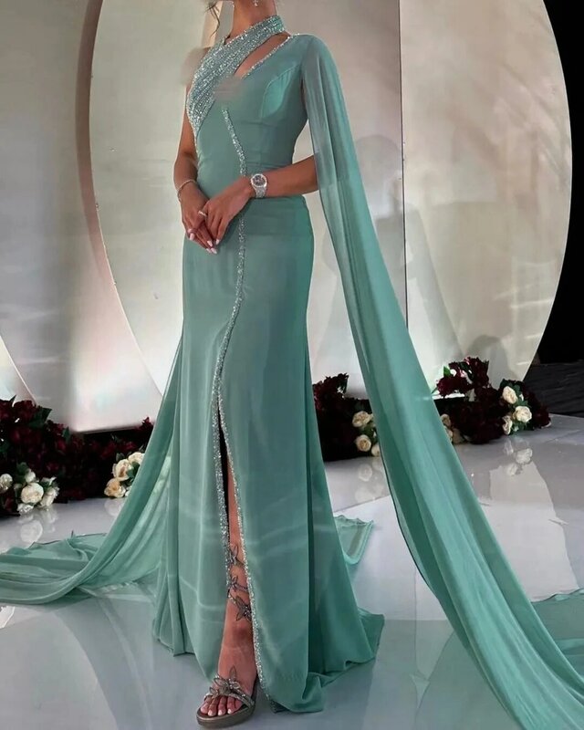 Vintage Green Chiffon Beaded Mermaid Prom Dresses Halter Floor Length Side Slit Formal Occasion Party Dress Evening Dress