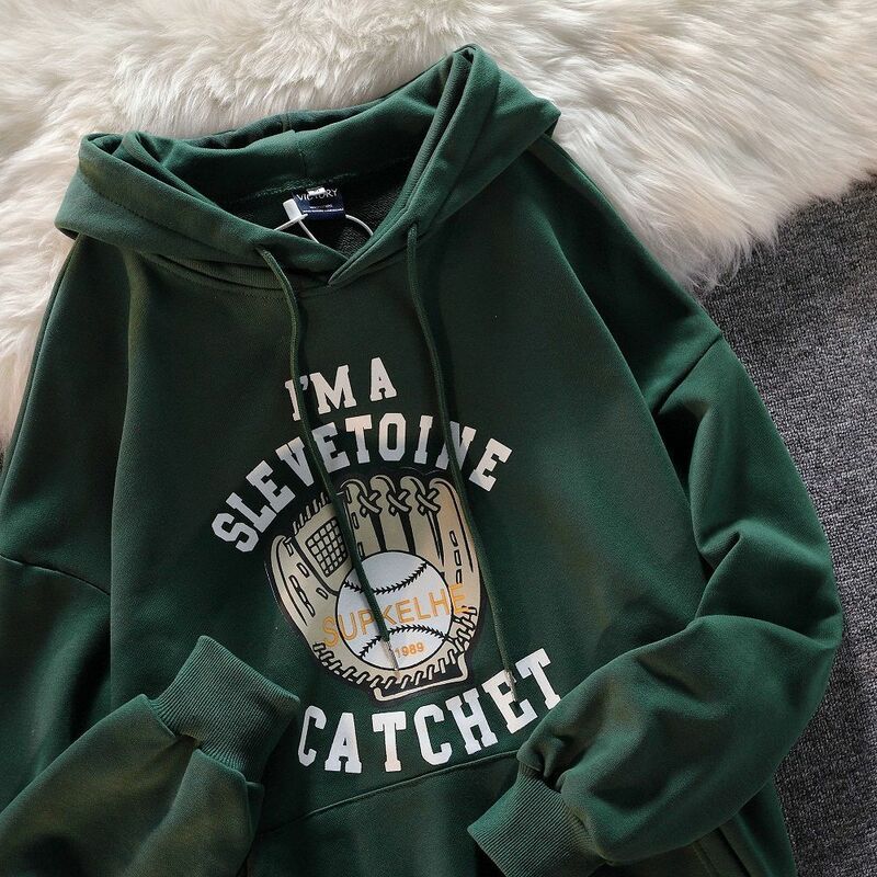 Verde escuro americano luvas de beisebol impresso hoodie juventude moda camisola outono vintage masculino e feminino solto hoodie