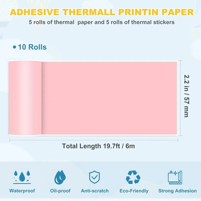 Rollos de papel para impresora térmica, 10 rollos de 2,2 pulgadas x 19 pies para Mini impresora de bolsillo, colores blancos, rollos de papel de recibo pegajoso, papeles POS