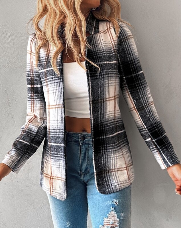 2023 Autumn Winter Spring New Fashion Casual Elegant Plaid Pattern Notched Collar Blazer Coat Female Clothing Outfits