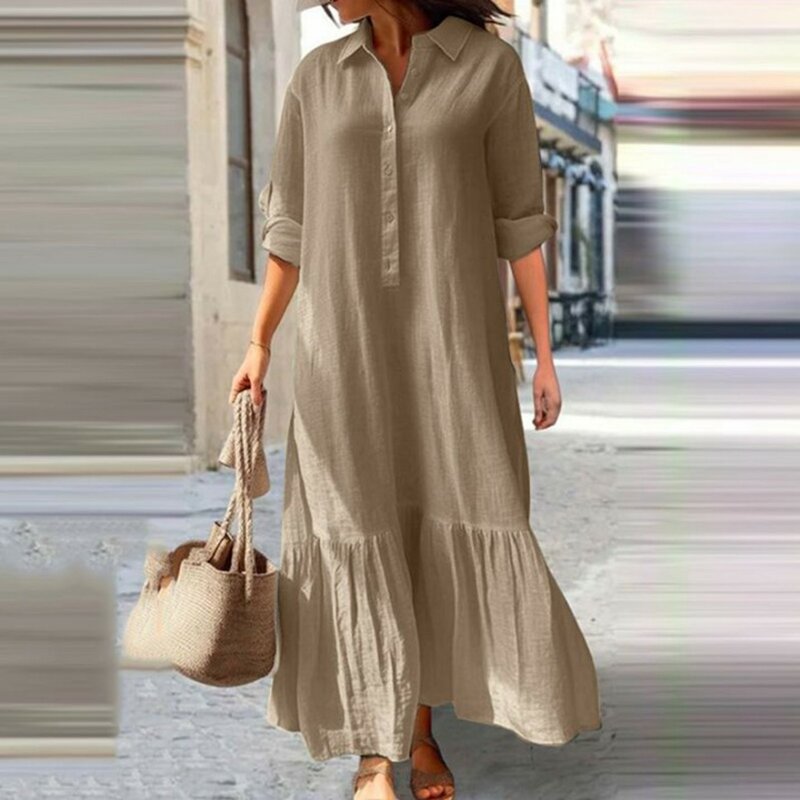 Robe chemise à manches longues en coton et lin pour femmes, robes décontractées surdimensionnées, vêtements élégants pour femmes, noir, été, printemps, 2024