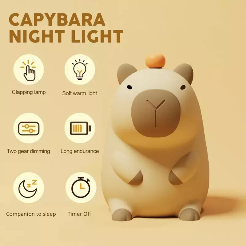 Veilleuse Capybara avec fonction de gradation tactile, aste, peut être chronométré, lampe en silicone, cadeau pour nouveau-né, enfant, bébé
