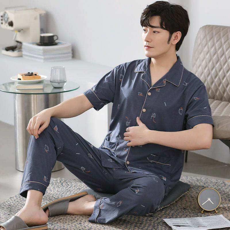 Set baju tidur katun lengan pendek pria, kardigan celana panjang piyama berkancing pakaian rumah longgar olahraga Korea ukuran besar