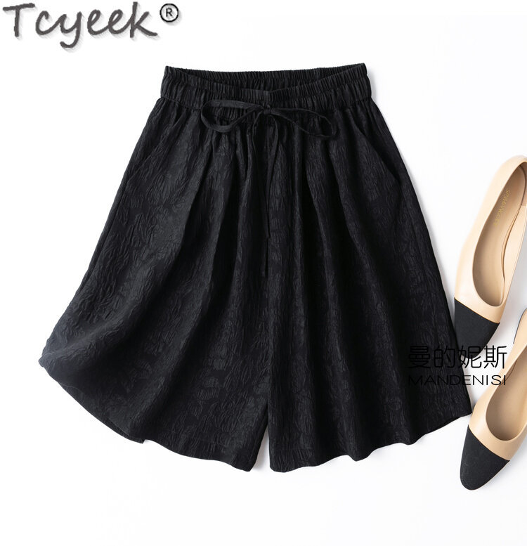 Tcyeek 100% Real Mulberry Silk Shorts for Women Clothing Summer Loose Trousers Casual Women's Shorts Lace-up Pantalones Cortos