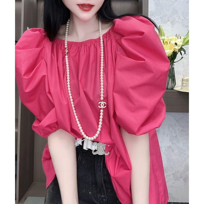 Fashion Slash Neck Solid Color Folds Puff Sleeve Blouses Women Clothing 2024 Summer New Loose All-match Tops Office Lady Shirts