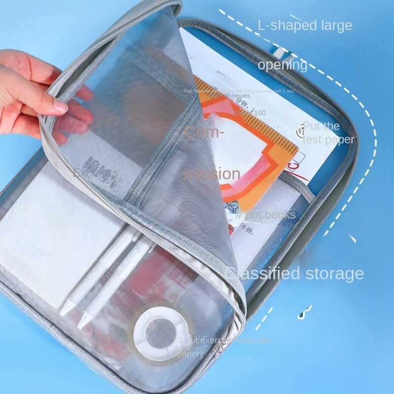Nylon Mesh Zipper Pouch Bag, Multifuncional, Grande Capacidade, Armazenamento de Dados, Espessado, Transparente, Saco de Arquivo