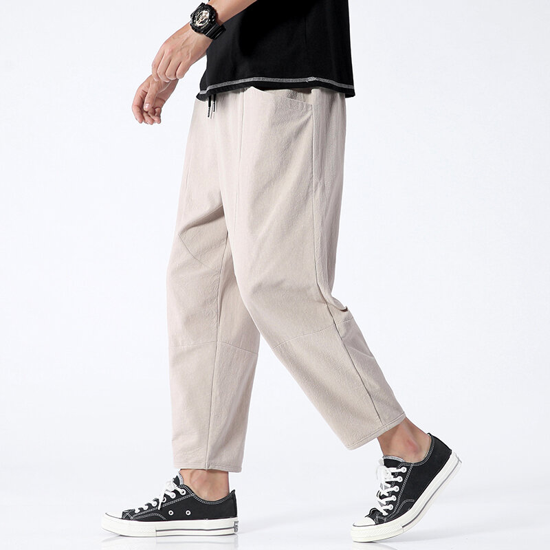 100% Cotton Summer Casual Pants Man Trendy Japanese Cropped Pants Loose Pants Men 5xl
