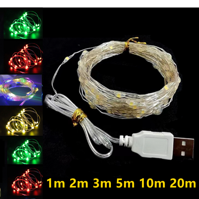 Guirnalda de luces LED de alambre plateado de cobre, USB, luces de hadas impermeables, decoración de fiesta de boda de Navidad, 1 M, 5 M, 20M