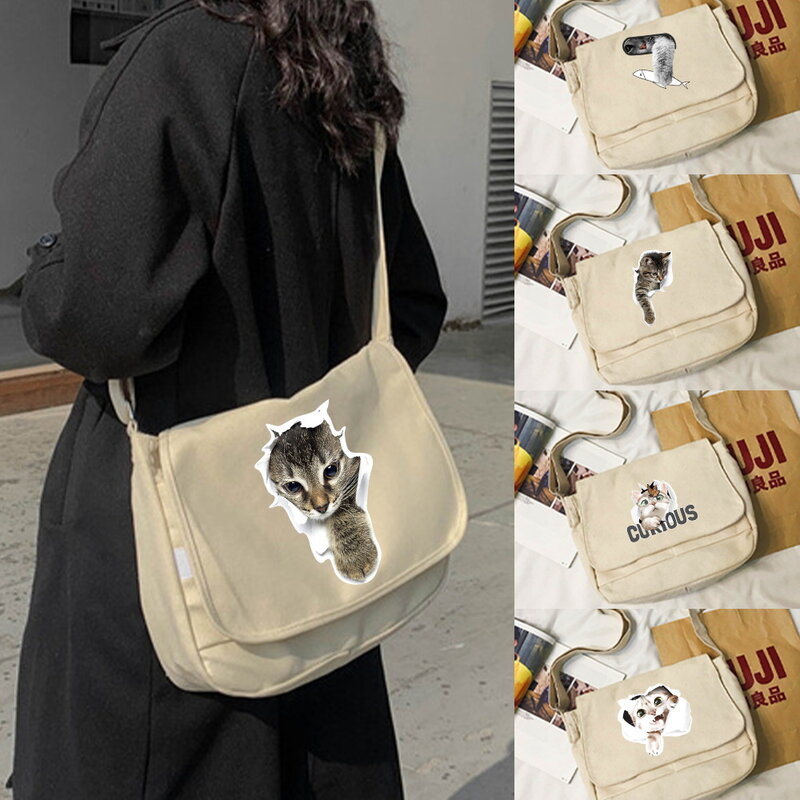 Women Canvas Shoulder Bags for Youth Casual Ladies Large Capacity Crossbody Bags Fashion Cat Handbags Messenger Bags for Women
