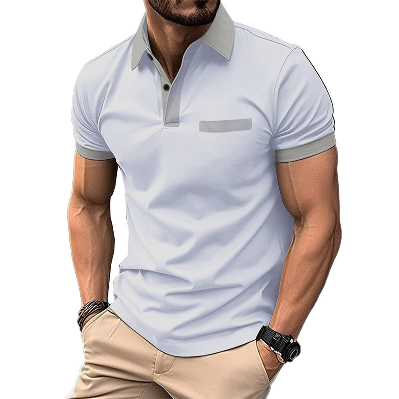 Camiseta slim fit listra masculina, blusa de manga curta, gola de botão, casual, poliéster, verão, 1 pc