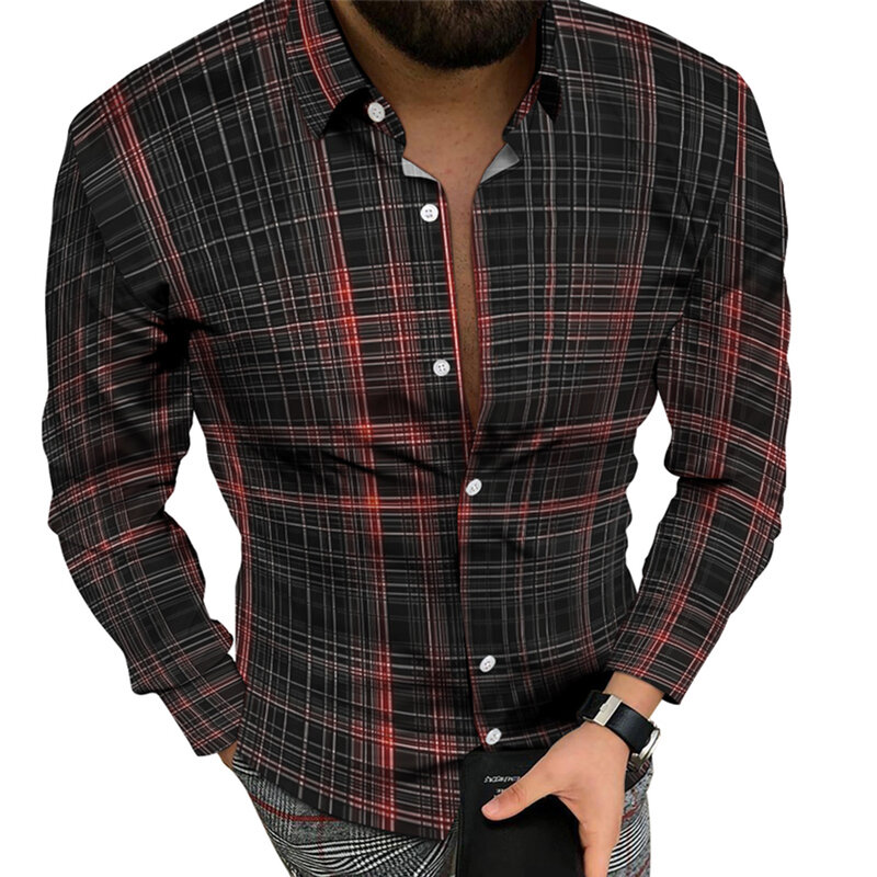 Camisa Xadrez Regular de Poliéster Masculina, Colar de Banda Elegante, Camisa de Botão, Casual Confortável Fitness, Vestir Festa, M-2XL